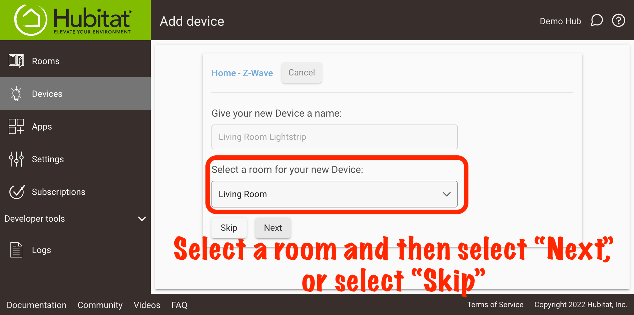 Screenshot: "Select a room for your device" with "Skip" or "Next" buttons