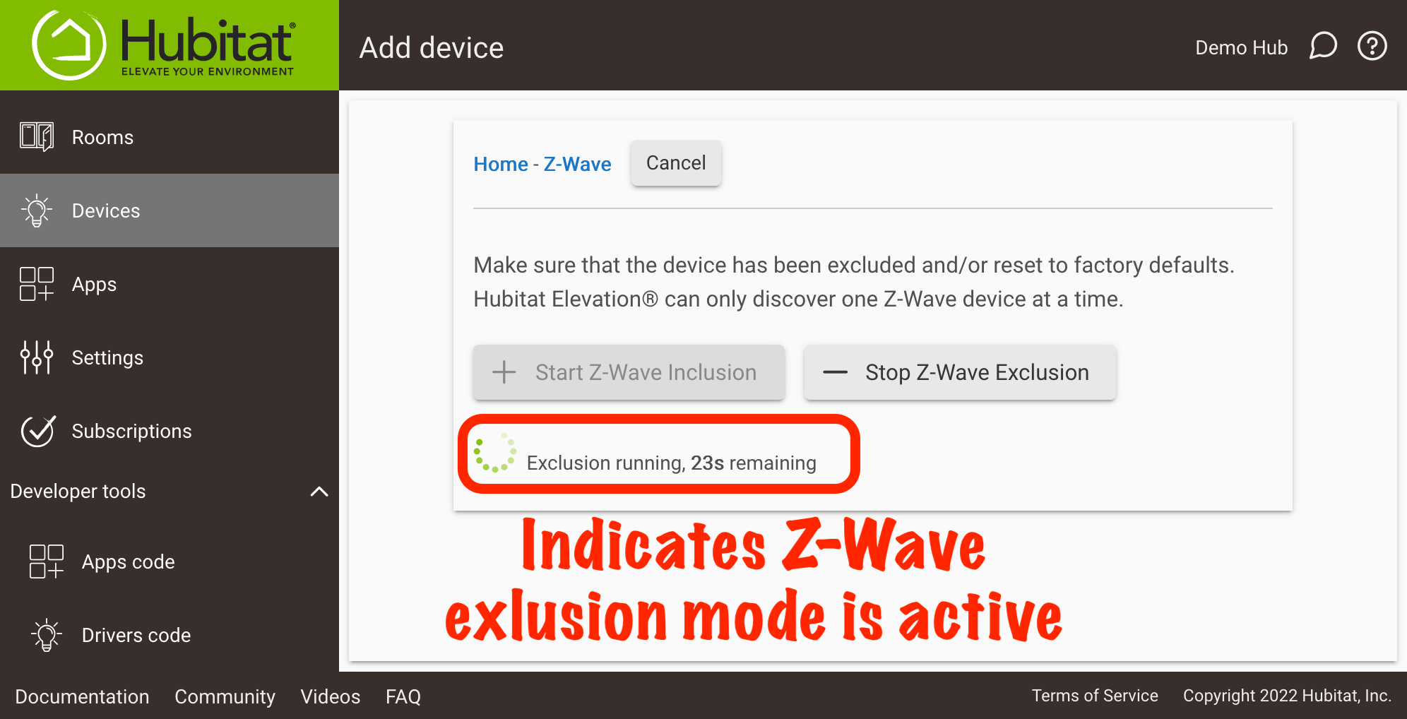 Screenshot of "Z-Wave exclusion running..." screen
