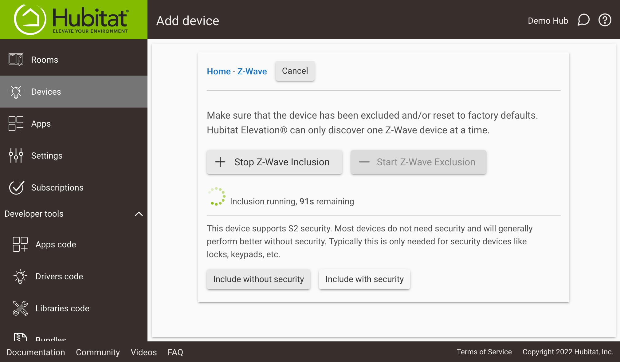  Screenshot: "This device supports S2 security....," with options "Include without security" or "Include with security"