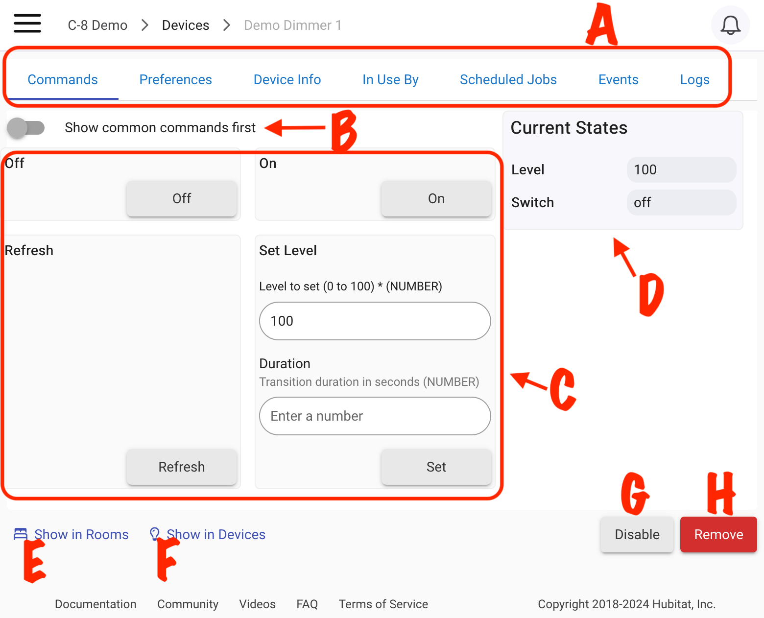 Screenshot of Device Detail page, with UI elements labeled as described below