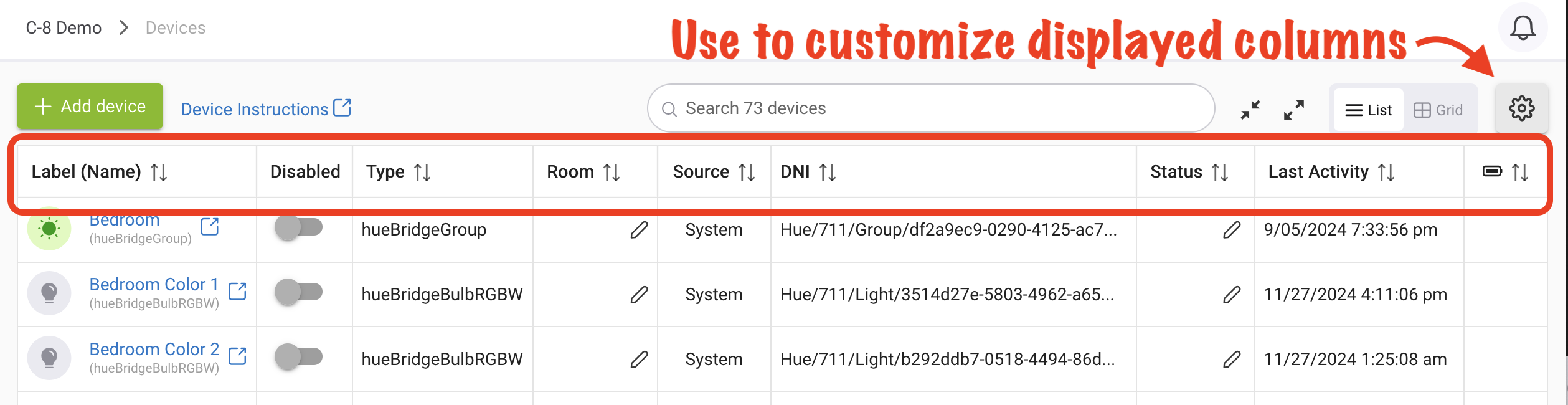 Screenshot of devices list showing location of above-described columns