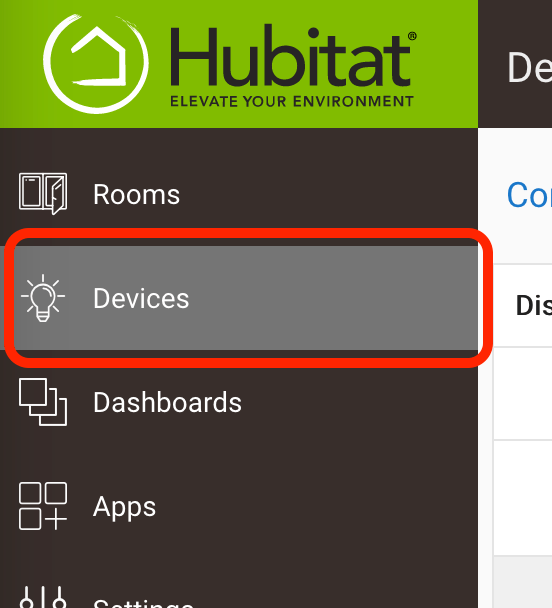 Screenshot: "Devices" menu item in list