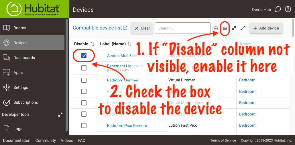 Screenshot: "Disable" checkbox in Devices list