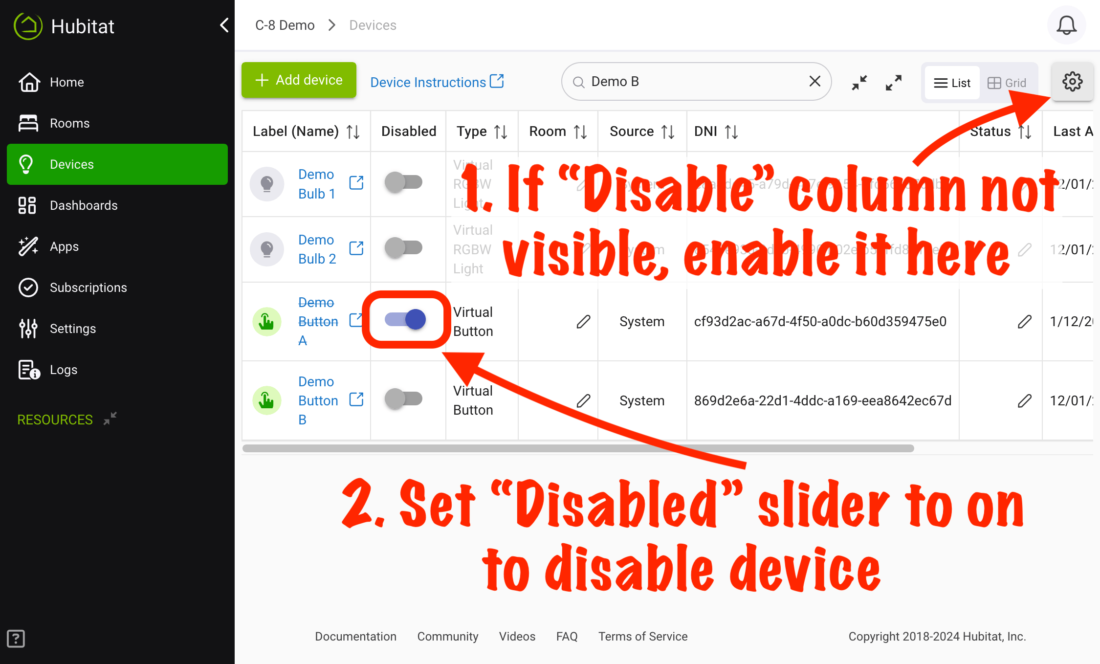 Screenshot: "Disable" checkbox in Devices list