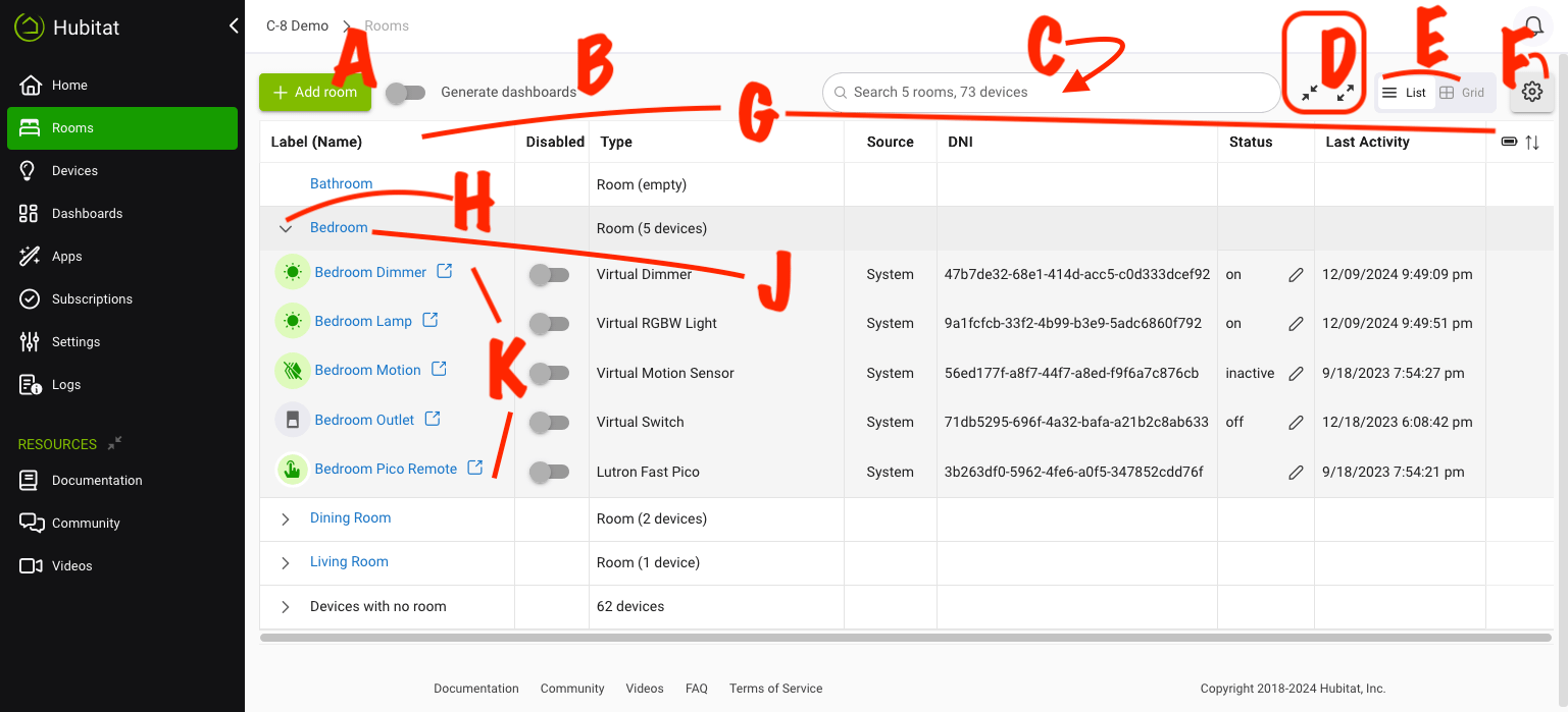 Screenshot of Rooms page, showing search box, toolbar buttons, and other interface elements