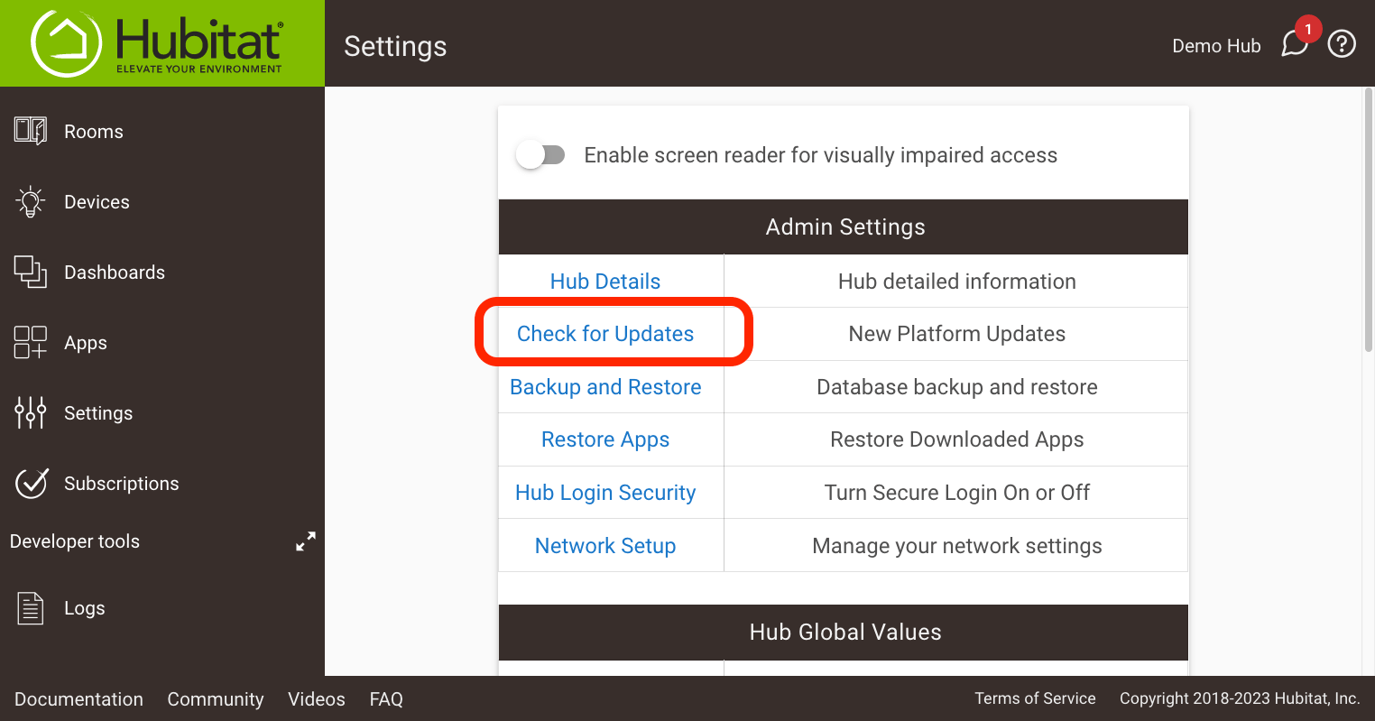 Screenshot of "Check for Updates" item