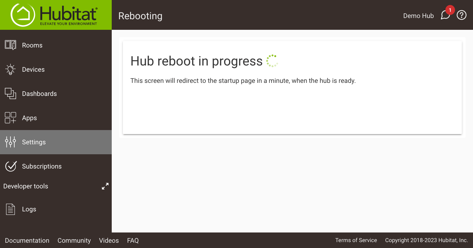 Screenshot: "Hub rebooting..."