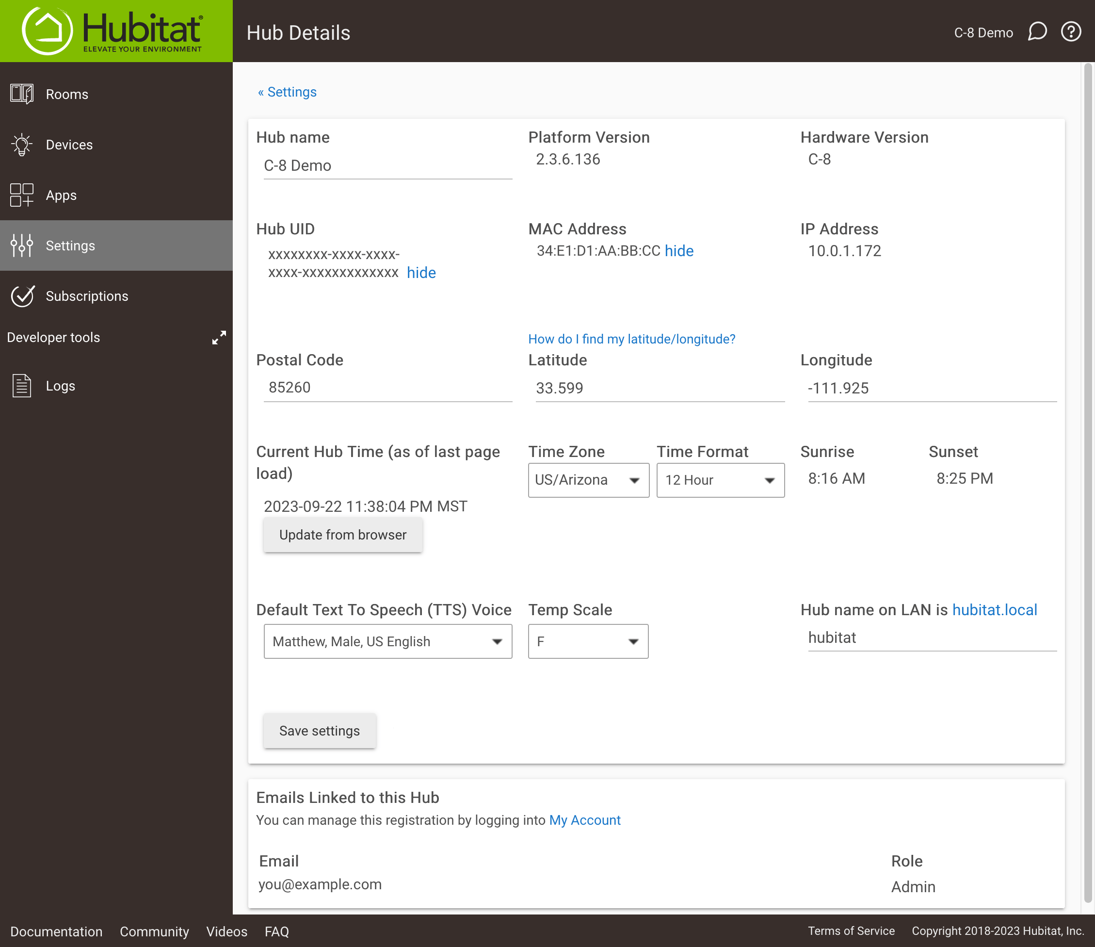 Screenshot of "Hub Details" page in Settings