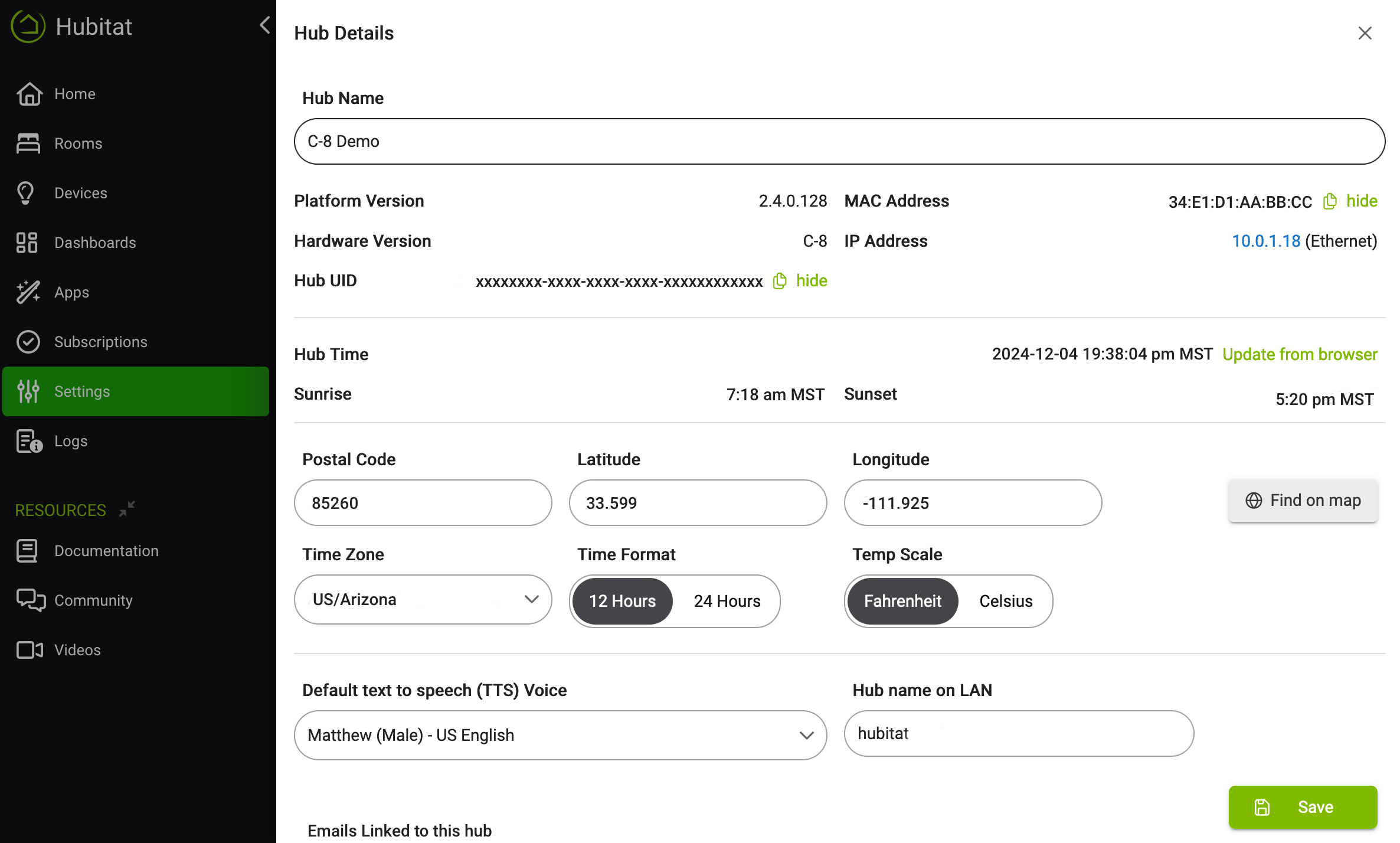 Screenshot of "Hub Details" page in Settings