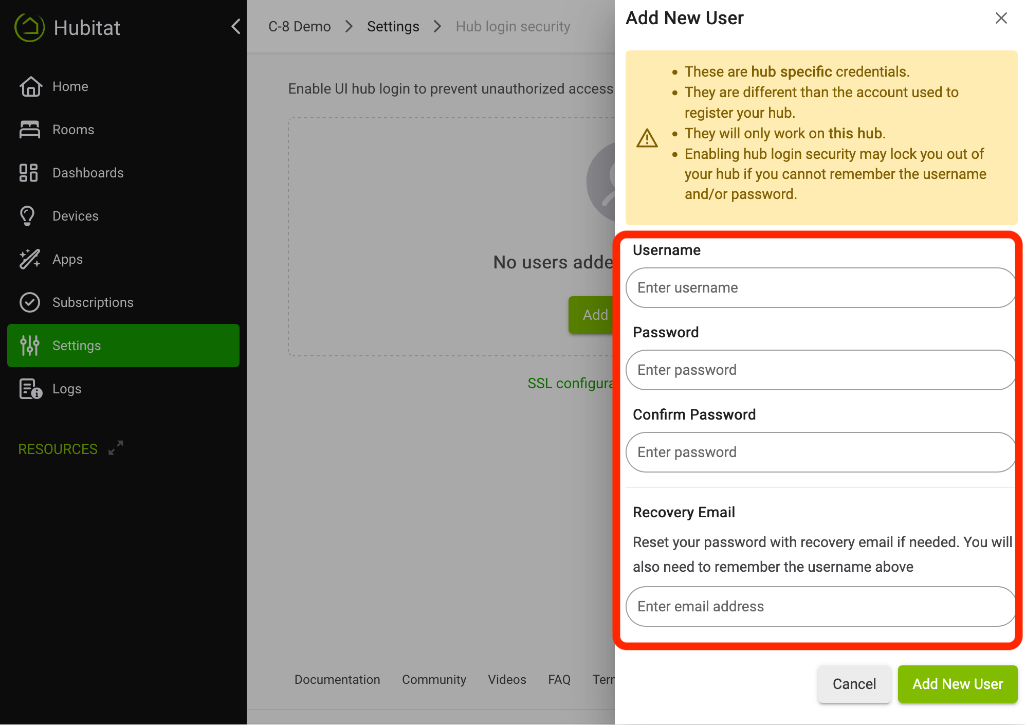 Screenshot: "Add New User" dialog with username, password, and email prompt