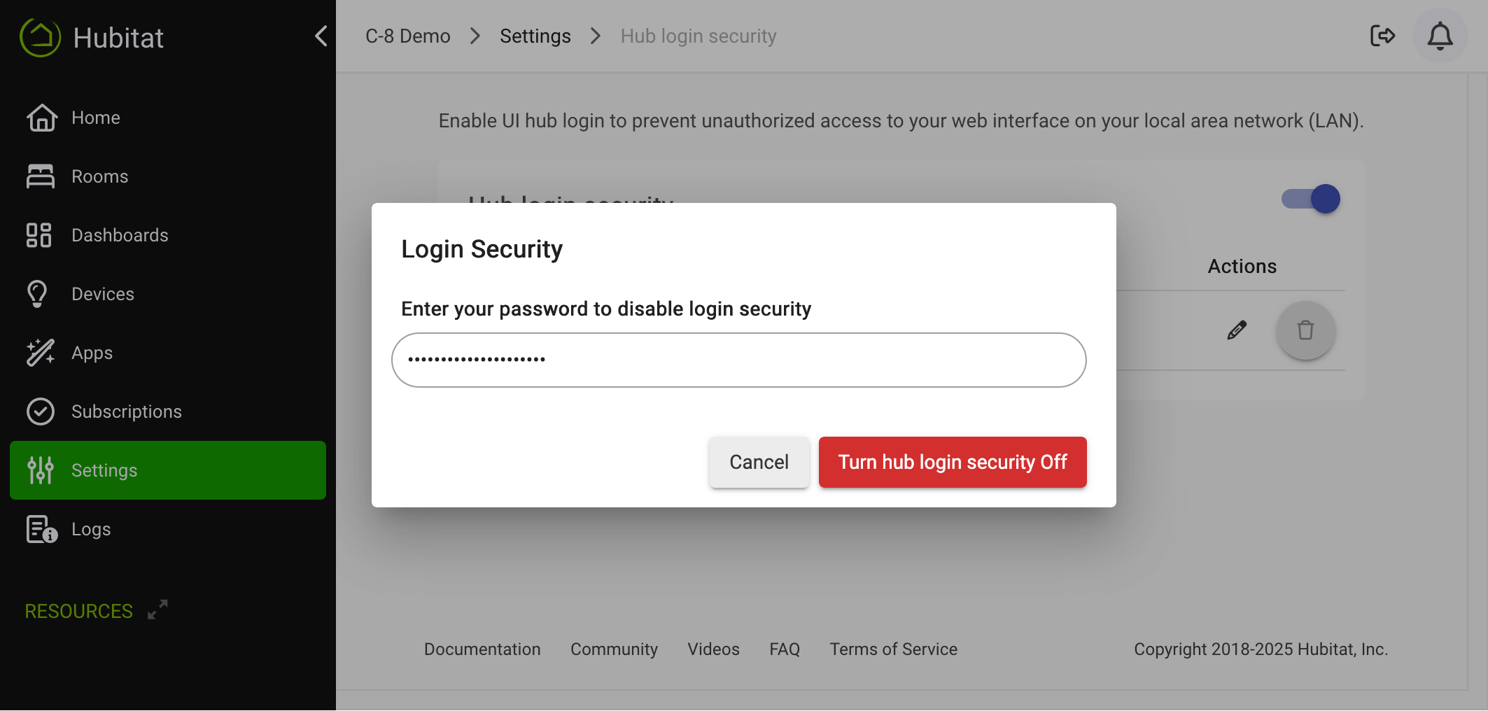 Screenshot: "Enter your password to disable login security" box