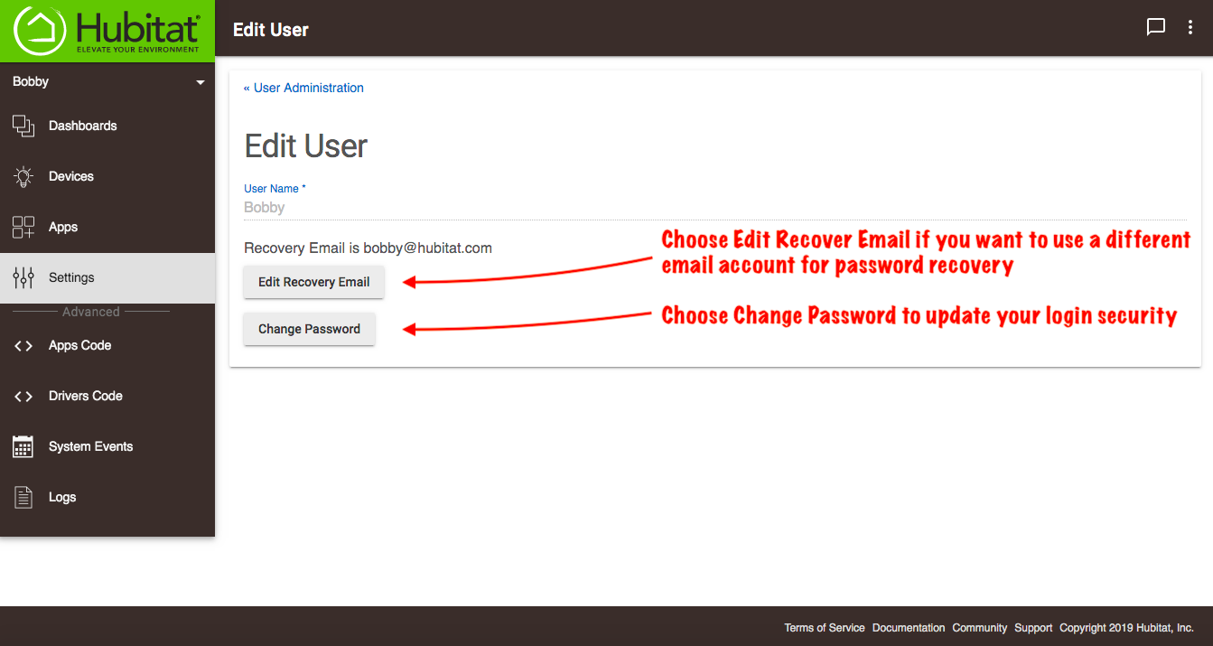 Press either the "Edit Recovery Email" button on the left, or the "Change Password" button below it as needed.