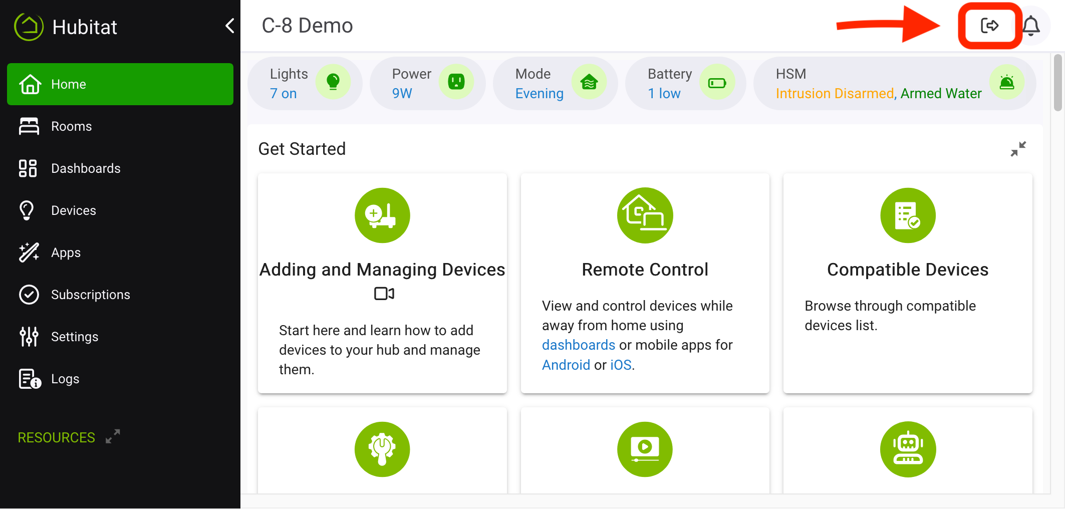Screenshot: log out icon next to notification icon