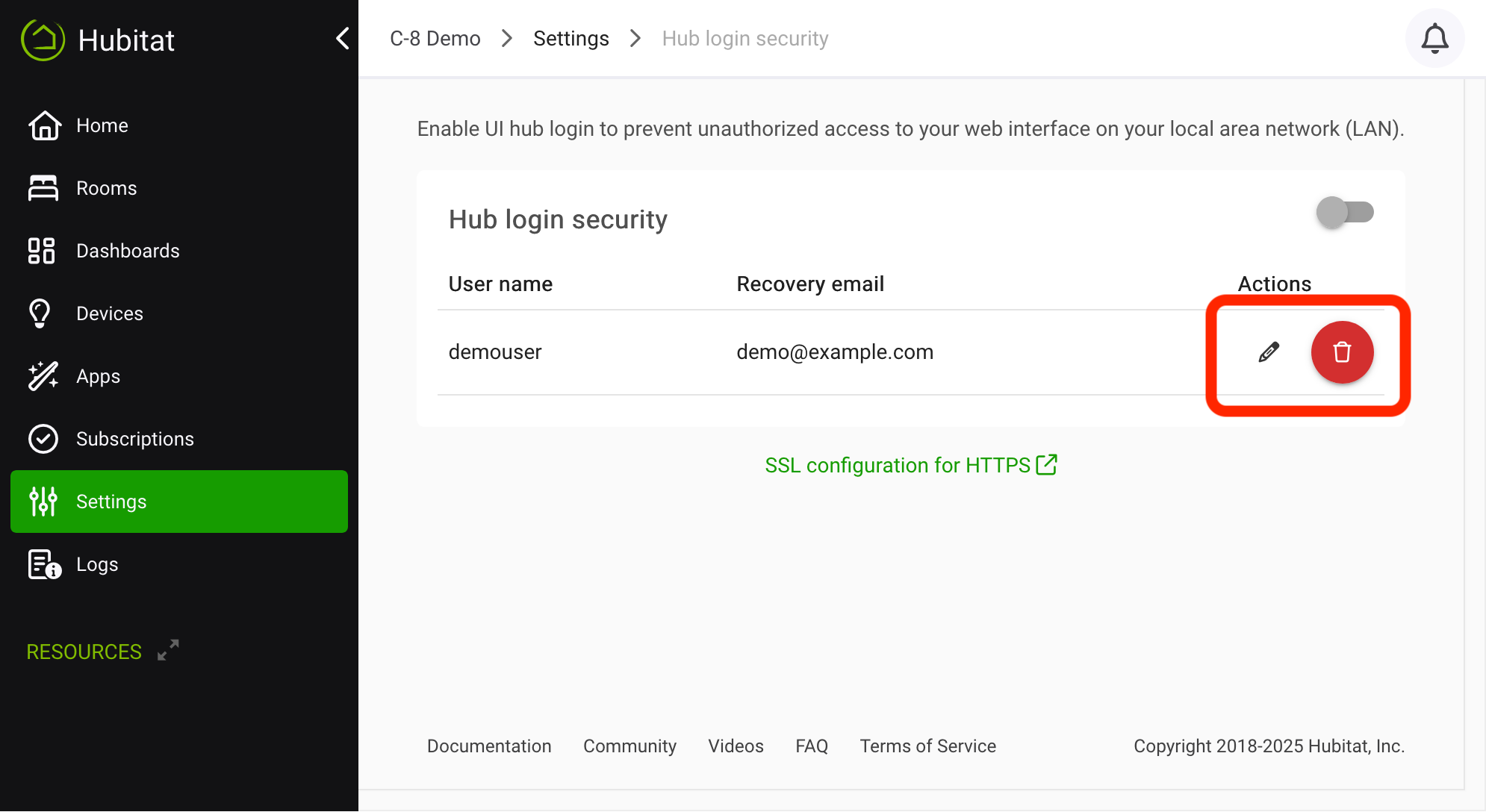 Sreenshot of edit and delete icons at right of user row in user table