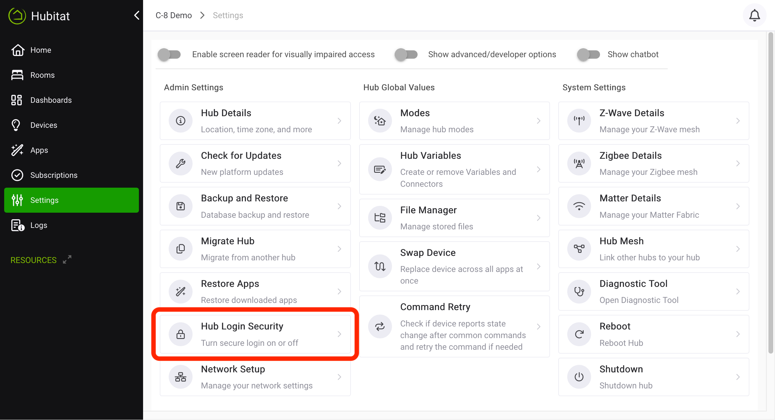 Screenshot of "Hub Login Security" tile on Settings page