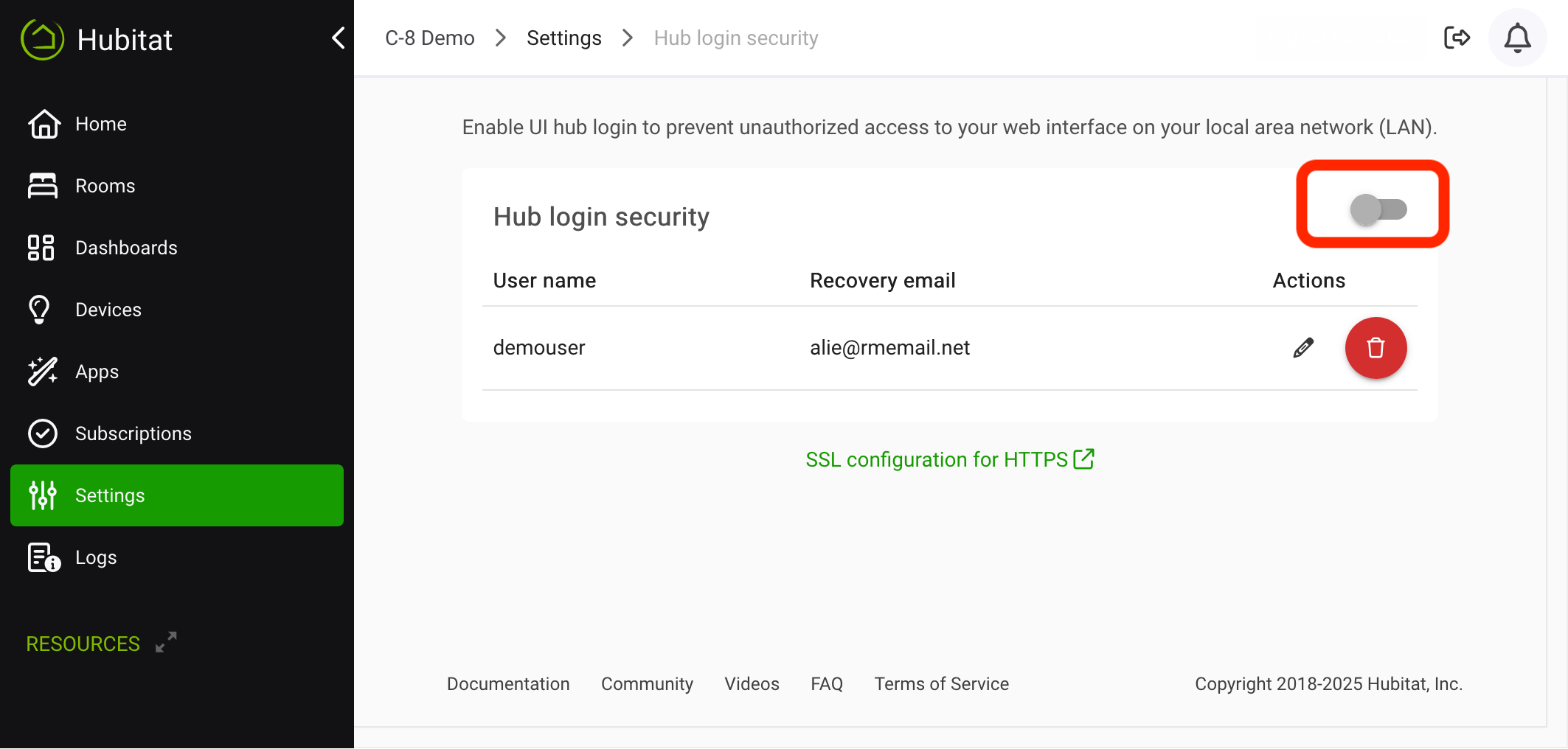 Screenshot of "Hub login security" toggle in "off" position