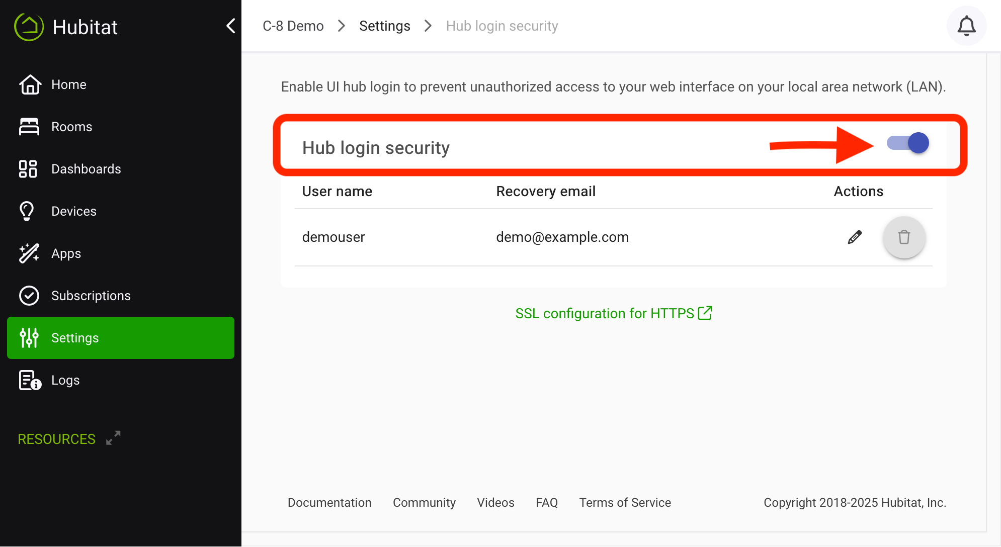 Screenshot: "Hub Login Security" toggle above user table