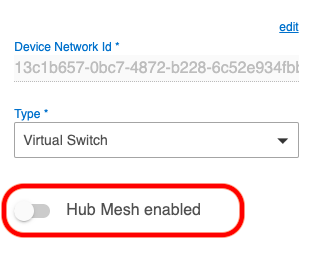 Screenshot: "Hub Mesh enabled" toggle option on Device Detail page of most devices