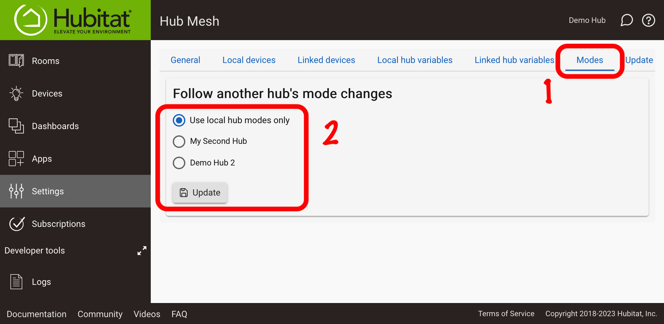 Screenshot: "Modes" tab of Hub Mesh settings, allowing you to follow mode changes of other hub or local modes only