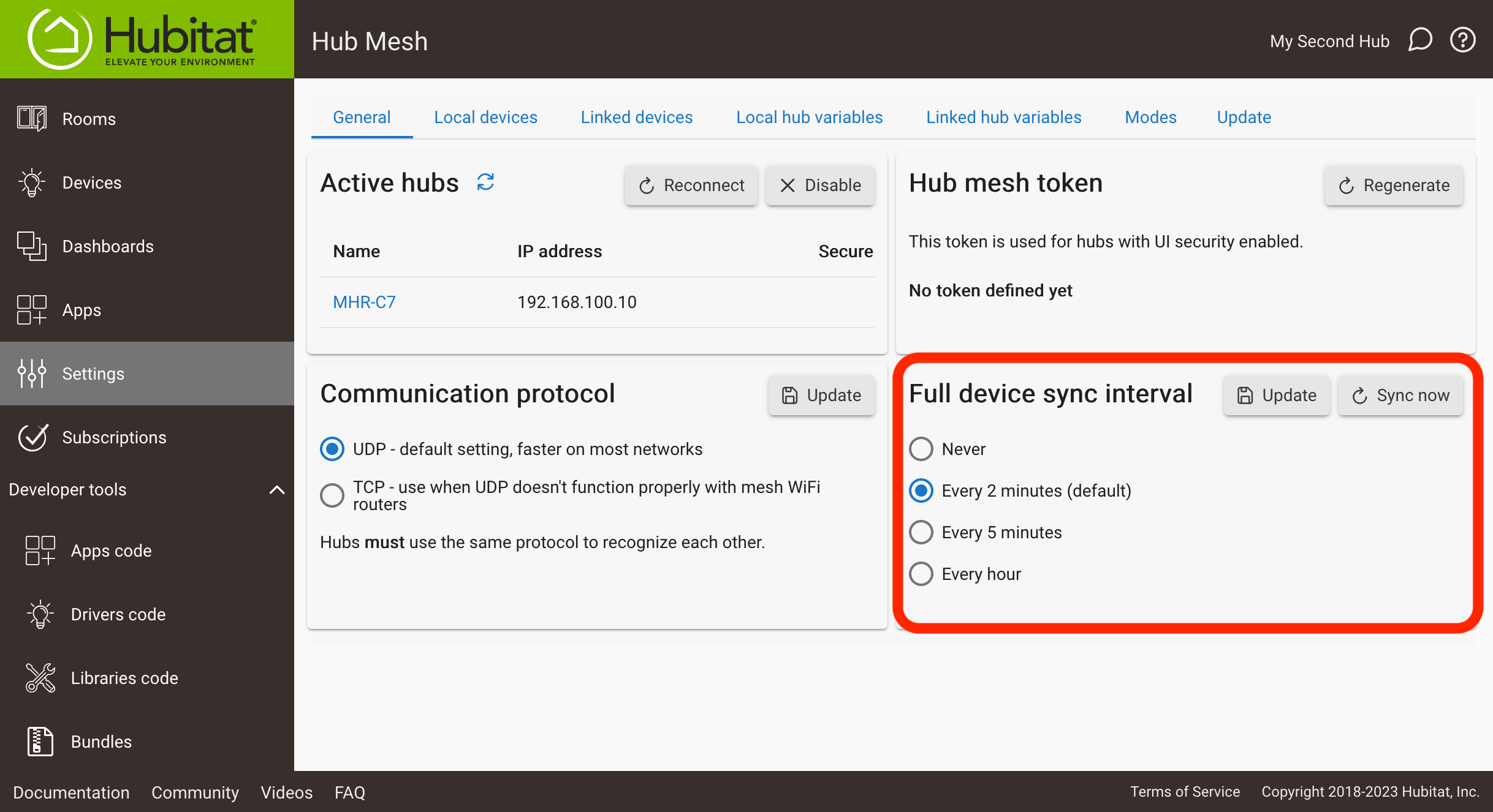 Screenshot of "Full device sync interval" options, defaulting to 2 minutes