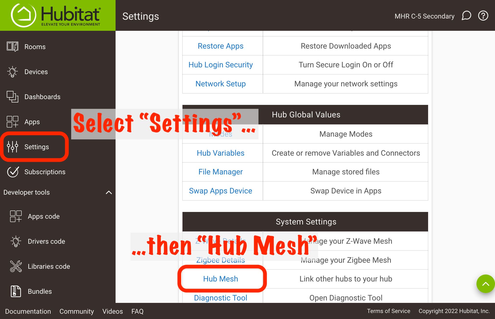 Screenshot: "Hub Mesh" option in "Settings" page