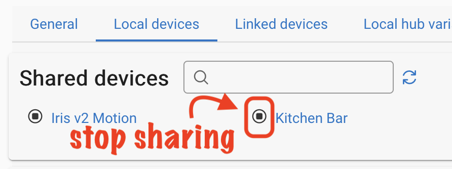 Screenshot of devices being shared via Hub Mesh appearing under the "Shared devices" list. Select the small "stop" icon to the left of a device name to stop sharing.