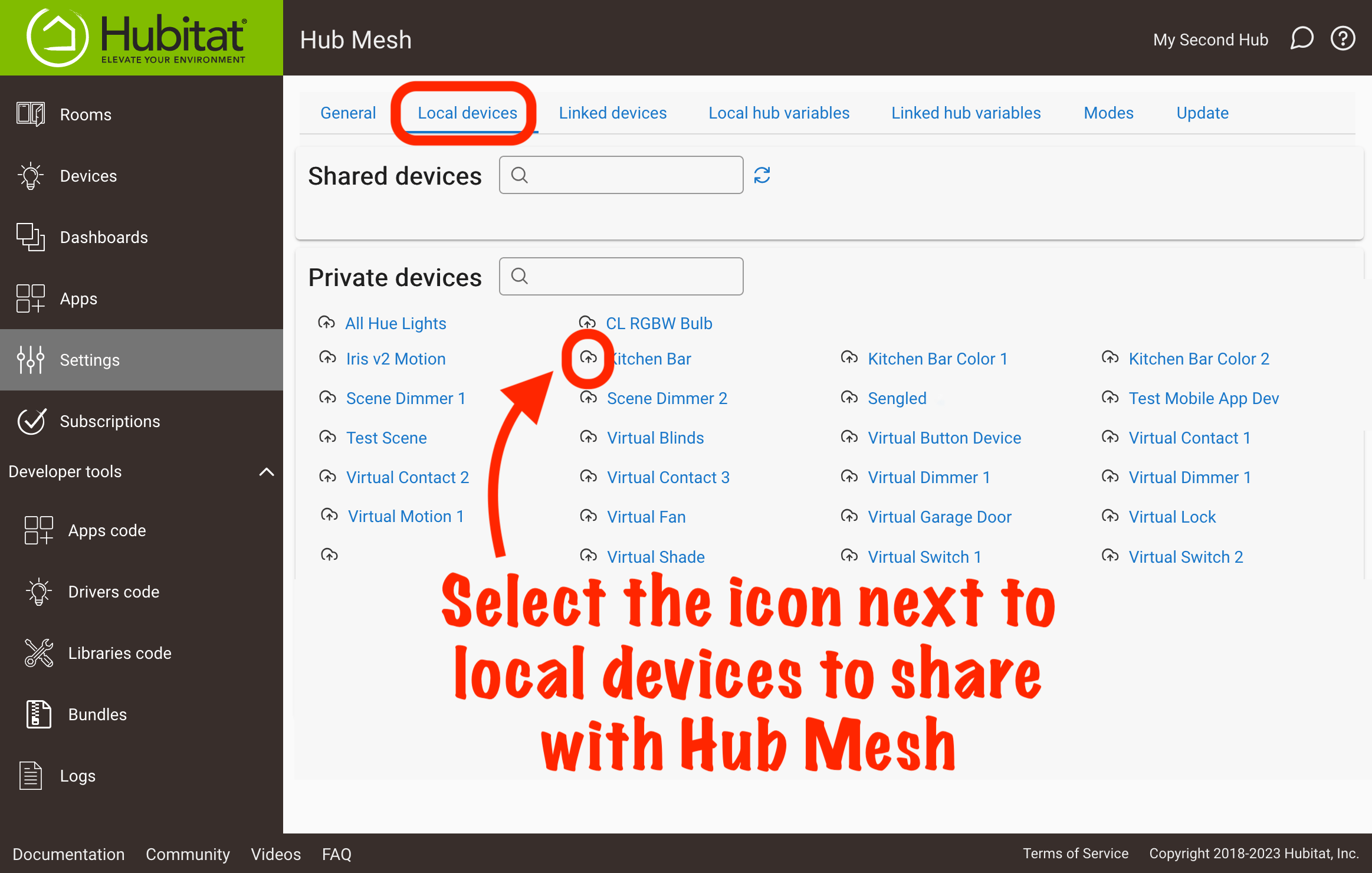 Screenshot of Shared Devices (devices added to Hub Mesh) and Private Devices (devices eligible to be added but that have not been added to Hub Mesh)