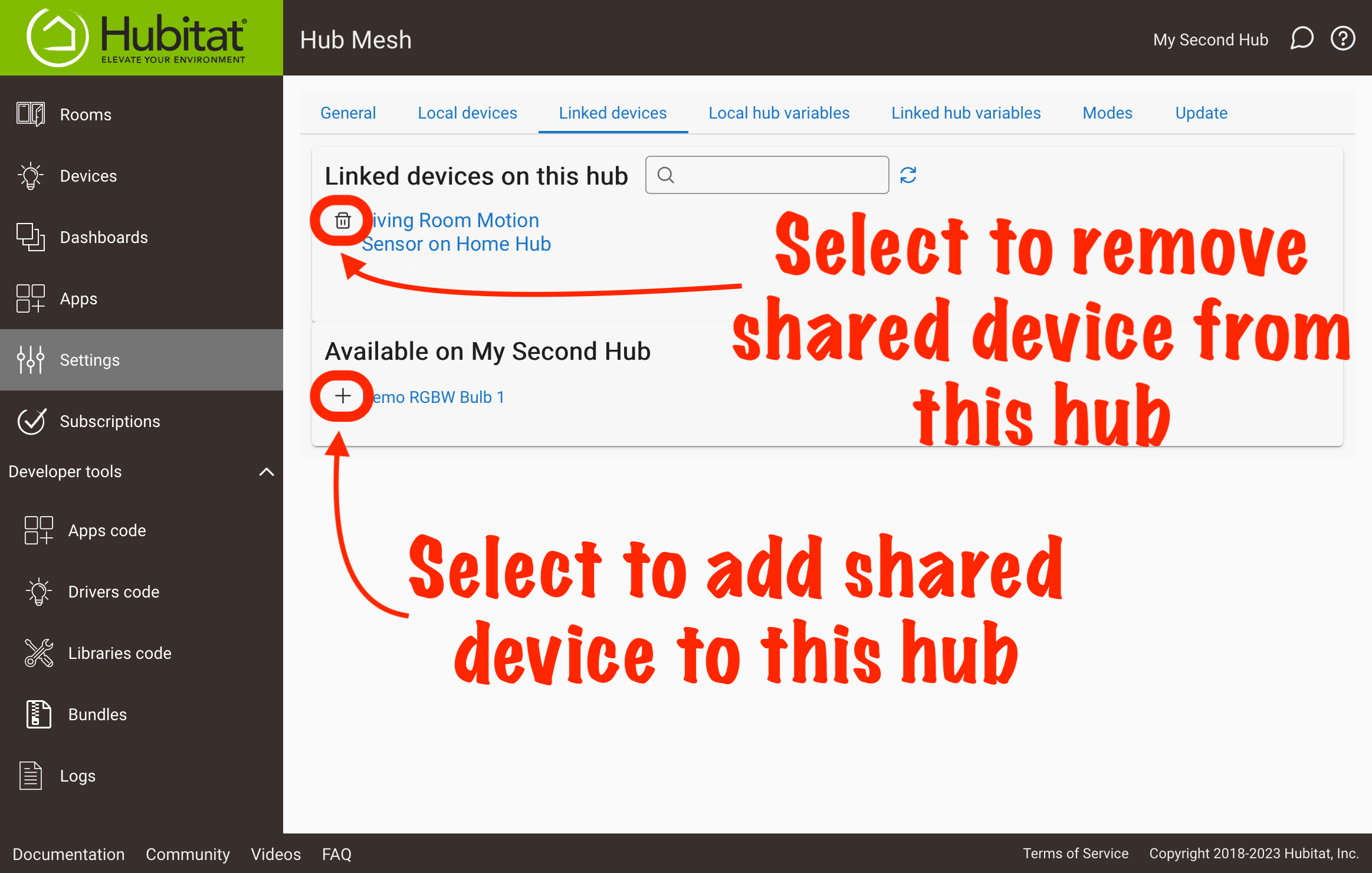 Screenshot of "Linked Devices" tab in Hub Mesh settings, allowing adding or removing devices shared from other hubs