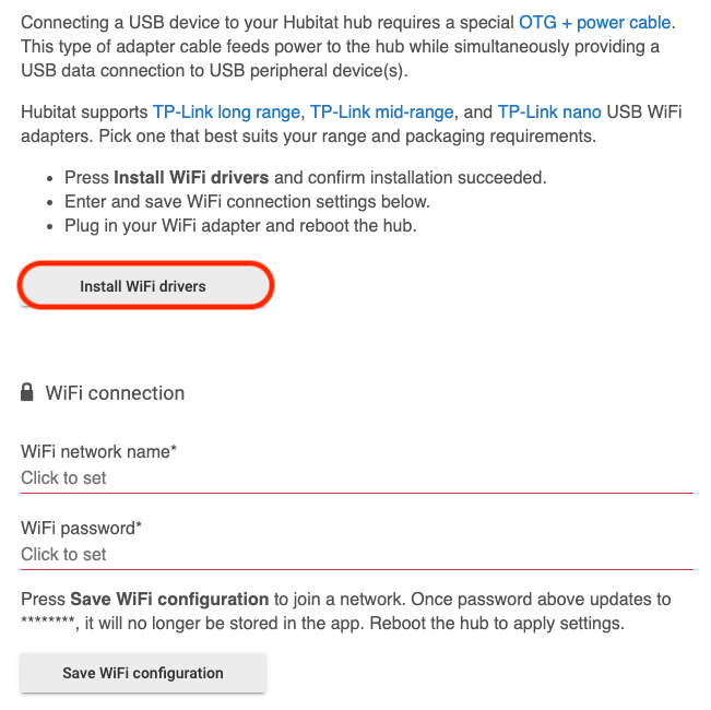 Screenshot of "Install Wi-Fi drivers" button on Network Settings page