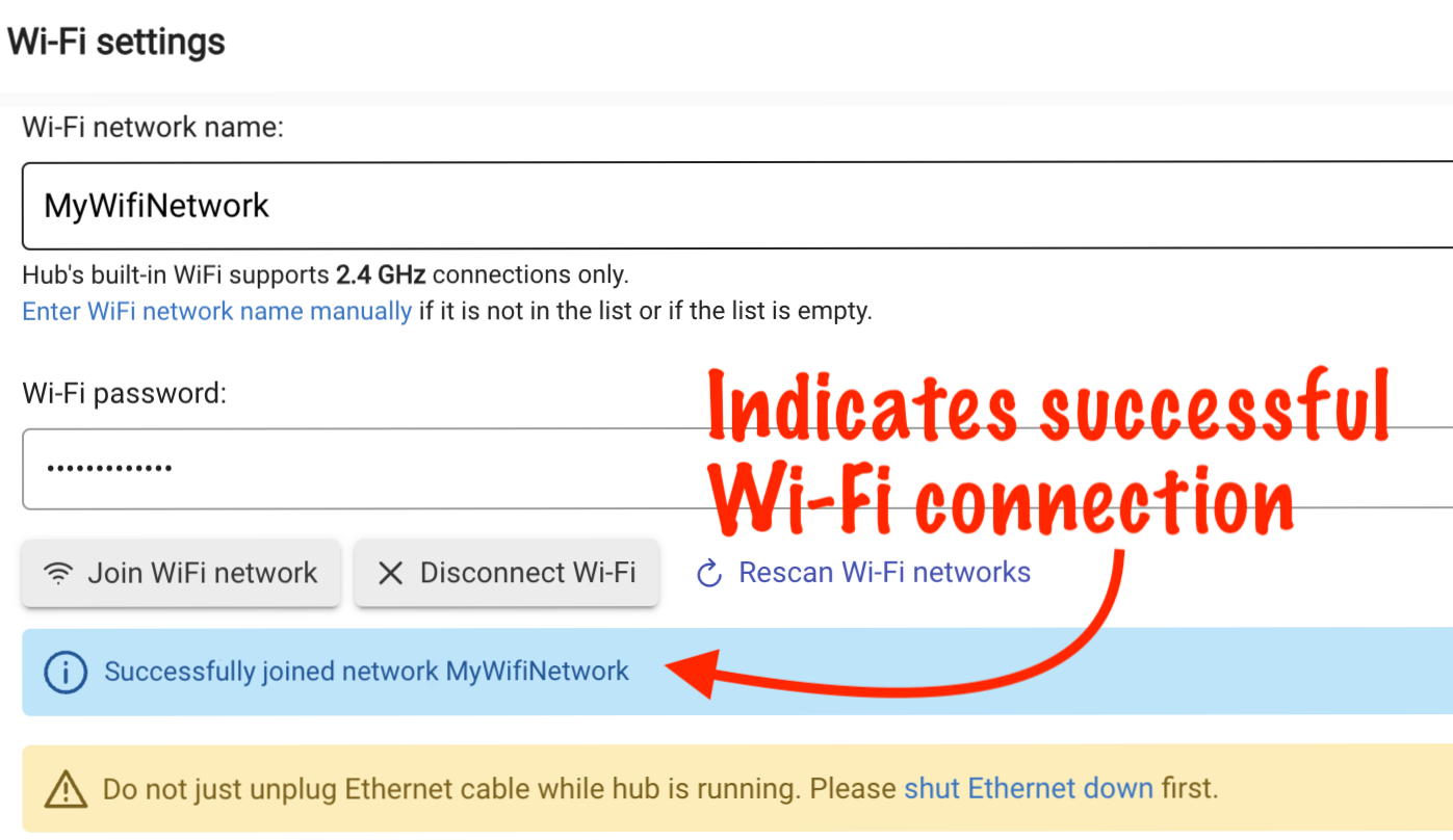 Screenshot of "Successfully joined (SSID name)" message