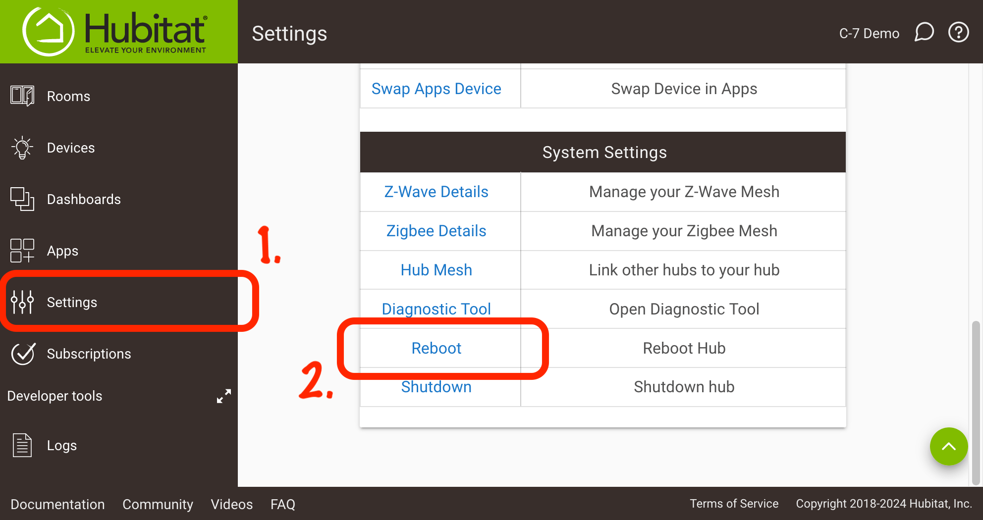 Screenshot: "Reboot" option on "Settings" page