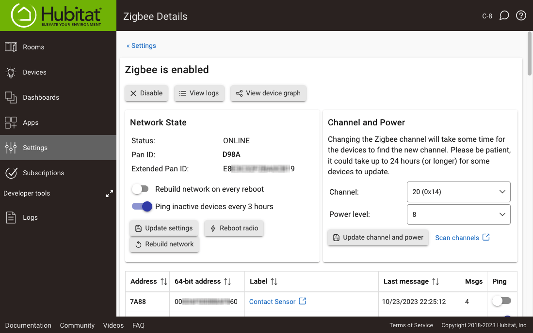 Screenshot: Zigbee Details page